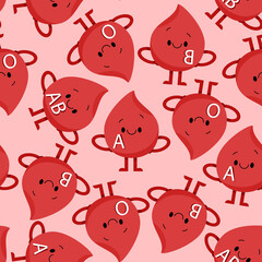 Seamless pattern of blood droplet character with different blood types