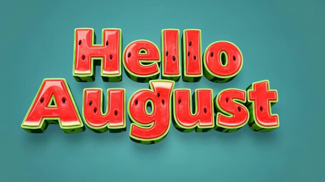 Vibrant animated "hello august" greeting with dynamic 3d text on teal background