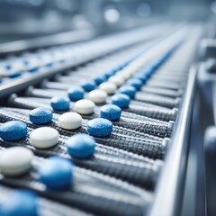 Blue and white pills move along a conveyor belt in a pharmaceutical factory. A symbol of mass production and quality control in medicine.