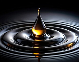 Fototapeta premium Liquid gold drop falling, creating ripples on a black shiny smooth surface.