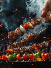 A chef skillfully grilling skewers with marinated meat and vibrant vegetables, showcasing the art of barbecue cooking and the appeal of delicious food preparation.