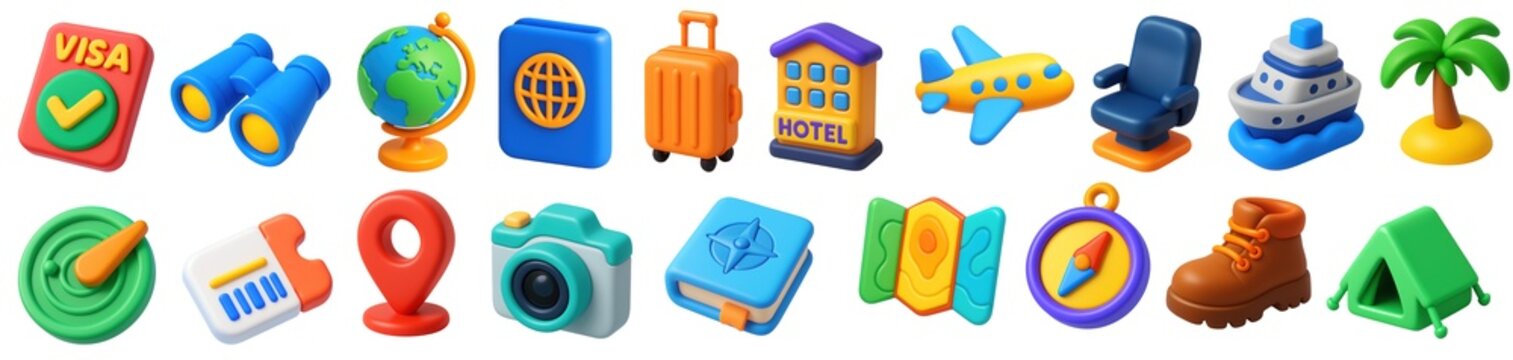 set of  Colorful 3D icons illustrating travel and tourism elements like visas, binoculars, globes, passports, and suitcases create a vibrant visual for vacation planning and exploration