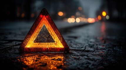 A bright warning triangle sits on a rain-soaked street at night, reflecting lights from approaching vehicles. The scene conveys a sense of urgency amid rainy weather.