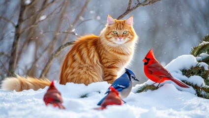 Ginger cat and winter birds in snowy scene