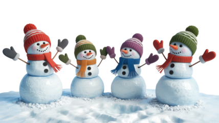Realistic snowman family of four with carrot noses and blue hats, largest wearing red scarf isolated transparent background