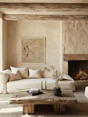 Luxury country style living room, beige linen sofa, rough wooden coffee table, natural stone fireplace, decorated with rustic art, warm light