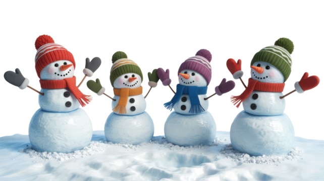 Realistic snowman family of four with carrot noses and blue hats, largest wearing red scarf isolated transparent background