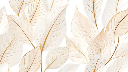 Elegant Botanical Illustration White and Gold Leaves Seamless Pattern