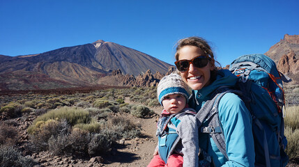 Fototapeta premium Woman with baby in backpack in mountains. Mother and child walking together in nature, enjoying nature. Family tourism.