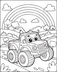 Beautiful cartoon monster truck with rainbow and natural scene black and white line art vector for children coloring page