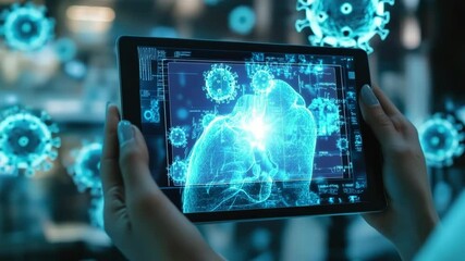 Doctor is holding a futuristic tablet, analyzing a 3d rendering of infected lungs, surrounded by a 3d rendering of the coronavirus. SARS-CoV-2. - Powered by Adobe