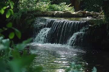 Obraz premium Breathtaking creek with a serene waterfall surrounded by lush greenery in a peaceful outdoor setting, Outdoors wild nature landscape Creek with waterfall in Australia woods