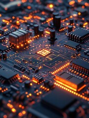 Obraz premium A complex and intricate close-up of a modern computer circuit board with glowing components, showcasing technology and connectivity in detail.