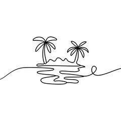 Line Drawing of Tropical Beach Scene with Palm and Distant Mountains