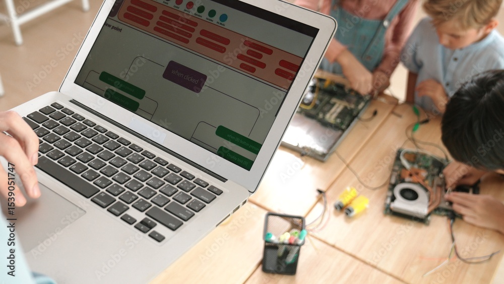 Poster top view of smart caucasian teacher coding engineering prompt and generated ai while diverse childre