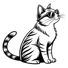 Black and White Illustration of a Cool Cat Wearing Sunglasses Sitting Upright with Striped Tail and Body