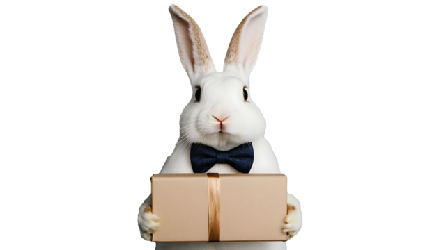 White rabbit with bow tie holding gift box on black background for easter or birthday present concept idea isolated on transparent background