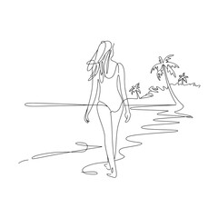 Woman Walking on Beach Line Art