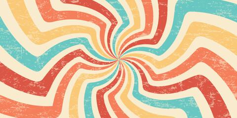 Spiral retro pattern background. Swirl groovy vector sun rays. Psychedelic radial burst with grunge texture. 70s starburst hypnotic illustration. Vintage circular abstract colorful bg