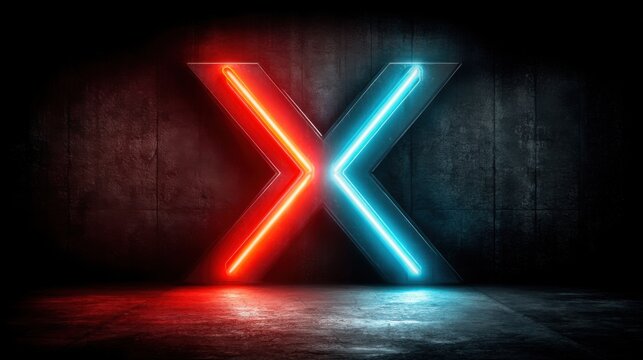A striking neon letter X glows in red and blue against a textured dark wall. The color contrast creates an electrifying ambiance, perfect for a modern art display or event setting.