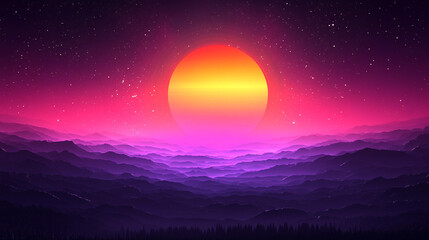 Fototapeta premium Retro sunset over misty mountains, starry night