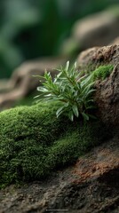 Fototapeta premium Delicate green leaves sprout from a mossy base in a tranquil forest, showcasing nature's beauty in vibrant natural light