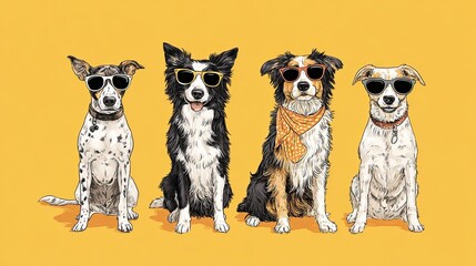 Cool cartoon dogs wearing sunglasses and bandanas posing together on yellow background, funny pet illustration