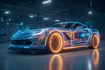 Obraz premium Futuristic hologram of a sports car being designed in a workshop