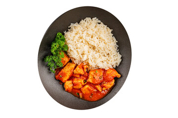Chicken curry rice butter chicken tikka masala spicy meat bowl on the table fresh tasty gourmet food background on rustic food top view copy space