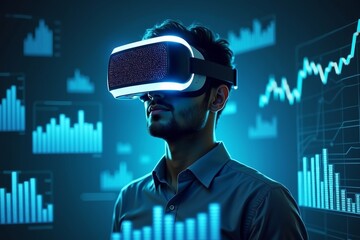 Image of a person in a VR headset with holographic financial data
