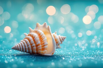 Seashell pendant resting on a sparkling teal surface with bokeh effect highlighting its beauty, Seashell pendant on teal surface with glittering bokeh effect