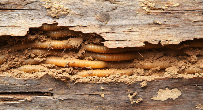 Termite mud tubes on wooden surface indicating termite infestation