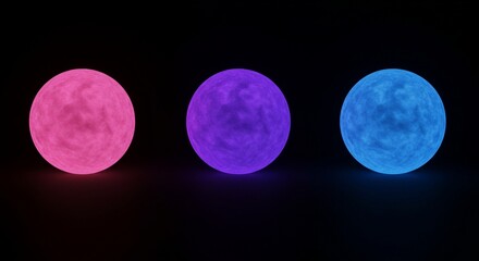 Pink Purple Blue Illuminated Spheres in Dark Room