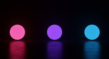 Pink Purple Blue Illuminated Spheres in Dark Room