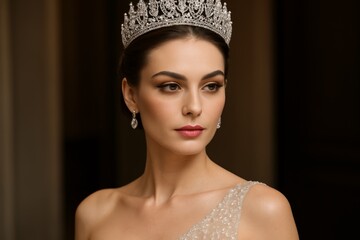 Elegantly poised woman wearing a tiara and gown at a formal event, showcasing grace and beauty