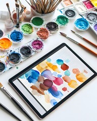 Naklejka premium Tablet with a drawing of a colorful swirl of paint on it