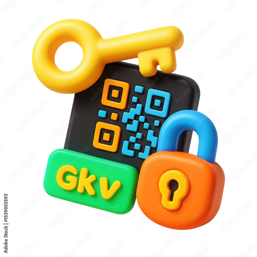 Poster 3d icon design in plastic style featuring a key, qr code, and lock symbolizing security and digital 