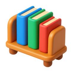 3d icon in plastic style featuring a colorful book holder with three distinct books in a variety of colors, representing learning and education.