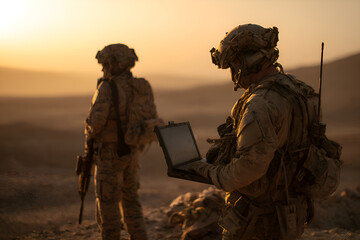 Soldiers using laptop during military operation at sunset in the desert