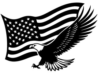 American bald eagle soaring with flag
