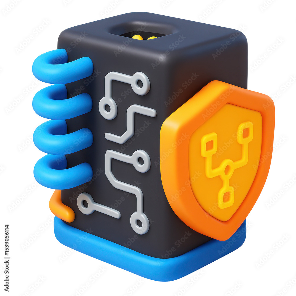 Poster 3d icon in plastic style depicting a computer component with circuits and a shield for technology-re