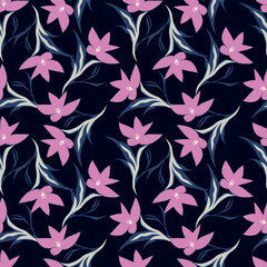 Elegant seamless floral pattern with fall flowers. Repeatable botanical background. Flat vector illustration