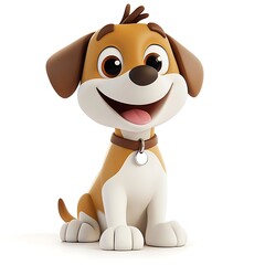 A charming cartoon puppy smiling with joy and excitement. The playful dog character has brown and white fur and is wearing a collar.