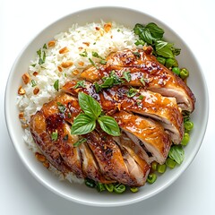 Deliciously prepared roasted chicken with rice and vegetables in a bowl, shot from a high-angle perspective