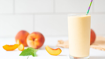 protein shake with peach milkshake, yogurt peaches breakfast drink, Long banner format