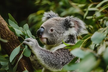 Fototapeta premium Koala bear enjoys munching on fresh gumtree leaves in its natural Australian habitat, Koala bear feeding on gum-tree leaves in australian wilderness
