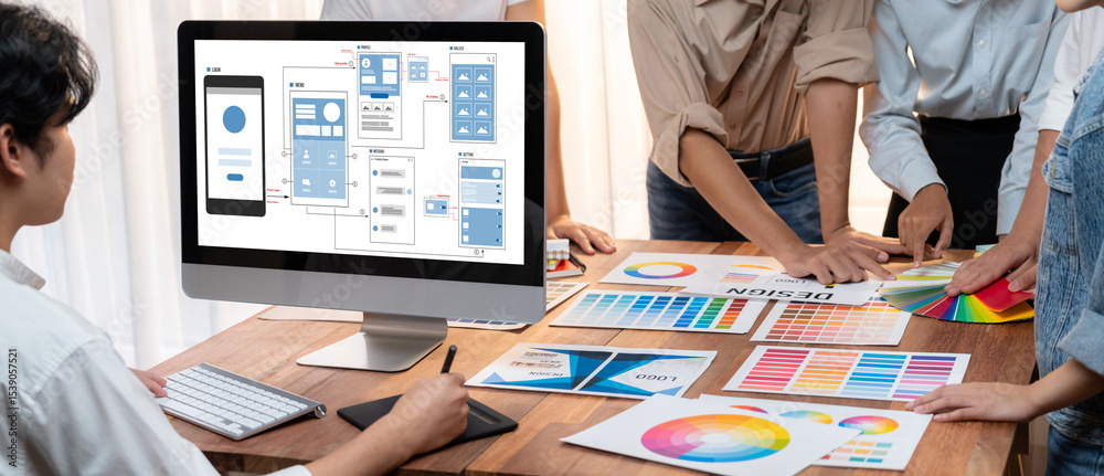 Poster UX UI design process for brisk mobile application and website . Creative prototype of wireframe for professional app developer .