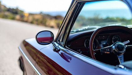 Closeup of a maroon classic car, showing its glossy paint, chrome details, and wooden steering wheel. Evokes nostalgia and vintage aesthetics. Great for travel, automotive themes.