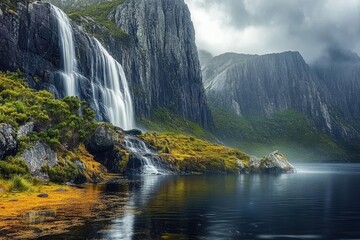 Naklejka premium Exploring the breathtaking Tasmania Waterfall and its unique geological features, Unique nature and geology of Tasmania Waterfall falls from high cliff
