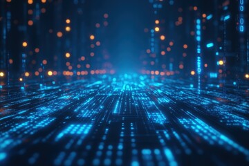Exploration of blue digital binary data network extending into the distance with glowing lights, Blue digital binary data Seamless